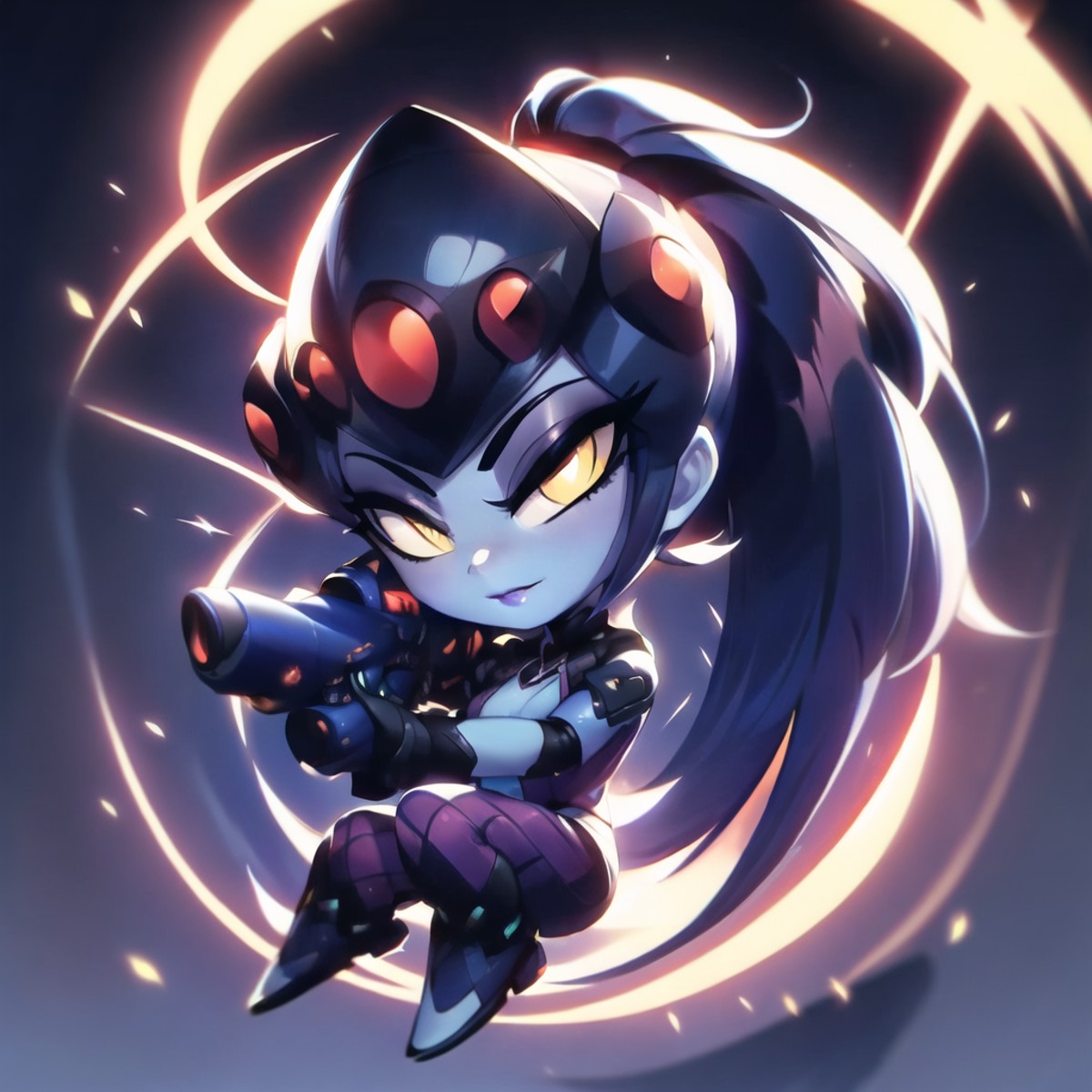 09889-3843219963-, , , full body, chibi, 1girl, _ ,colored skin, blue skin, body suit, ponytail, purple outfit, overwatch, widowmaker _(ov.png